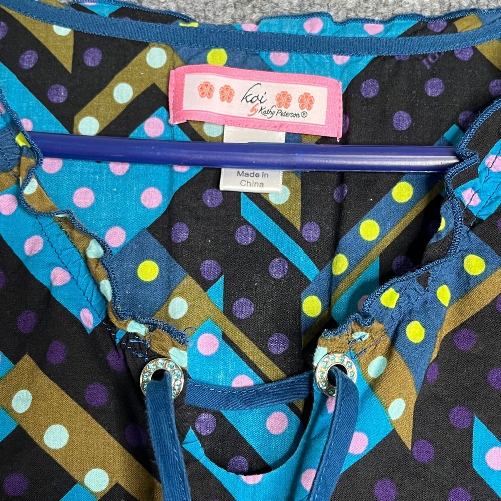 Koi by Kathy Peterson Scrub Top Small Blue Geometric Polka Dot Lace Up - Picture 3 of 9